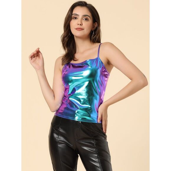Shiny Party Holographic Sleeveless Slim Fit Metallic Cami Top Blue - Picture 2 of 5